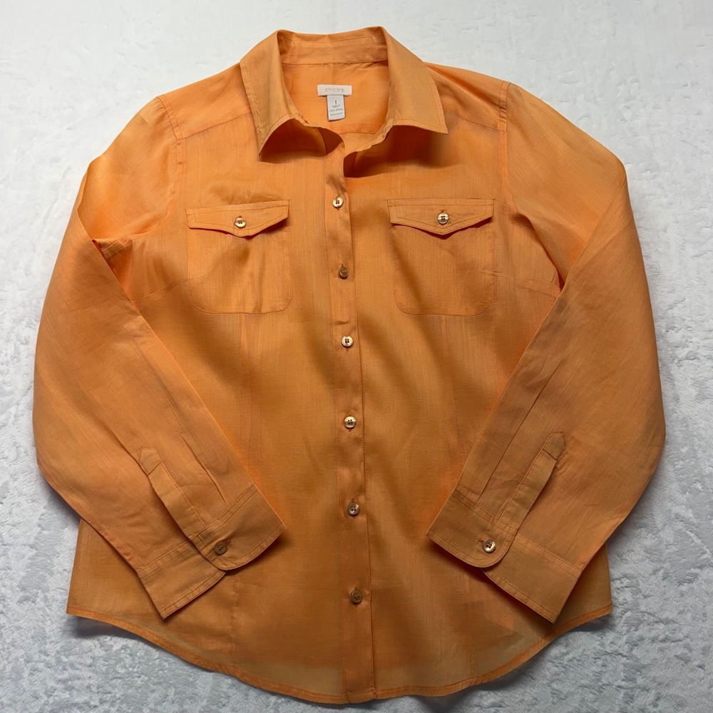 Chico's Button Down Shirt Size 1 Orange Women Ramie Cotton Roll Tab Sleeve Top